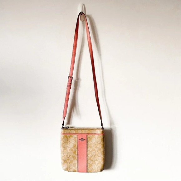 Coach Monogram CC Signature Leather Crossbody Bag Purse Beige Khaki Pink - Picture 1 of 5
